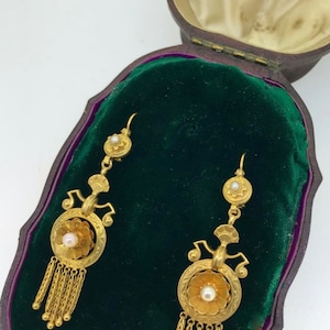 Victorian Pearl and 15k Gold Etruscan Revival Earrings,  Cira 1890