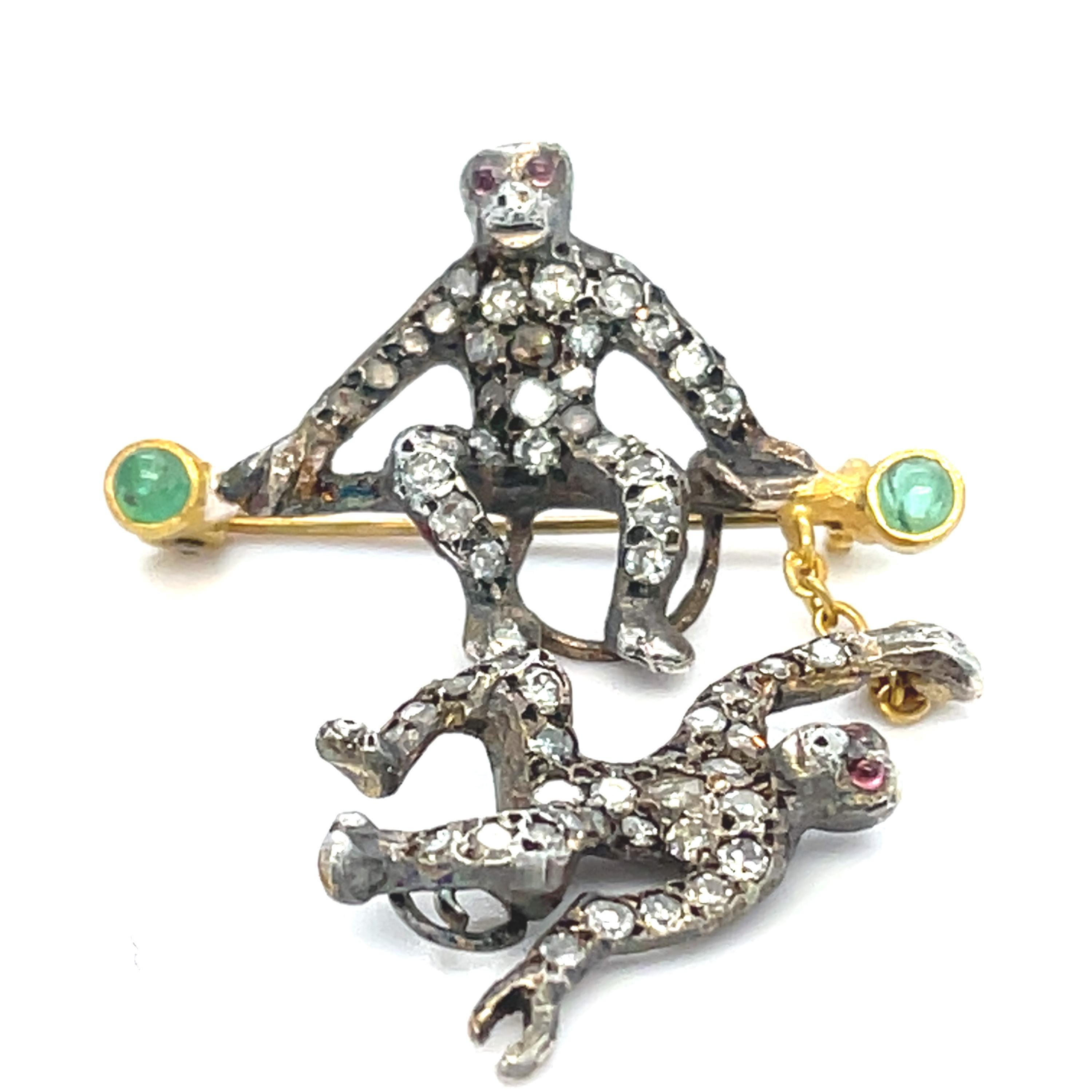 Antique Rose Cut Diamond Double Monkey Brooch