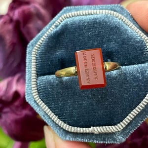 Op de afbeelding: Een gouden ring met een rechthoekige, rode steen met gegraveerde tekst. De ring is gezet in een blauwe fluwelen doos, met een gouden band. De ring is een close-up, met wazige paarse bloemen op de achtergrond.