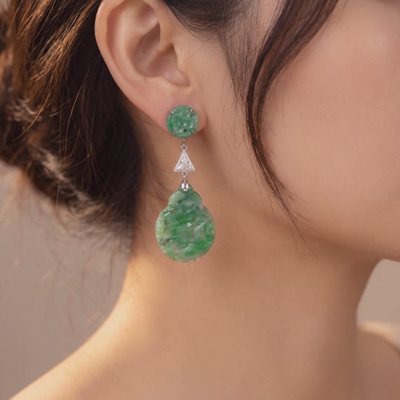 Jadeite Art Deco 9ct Gold Earrings 1930s