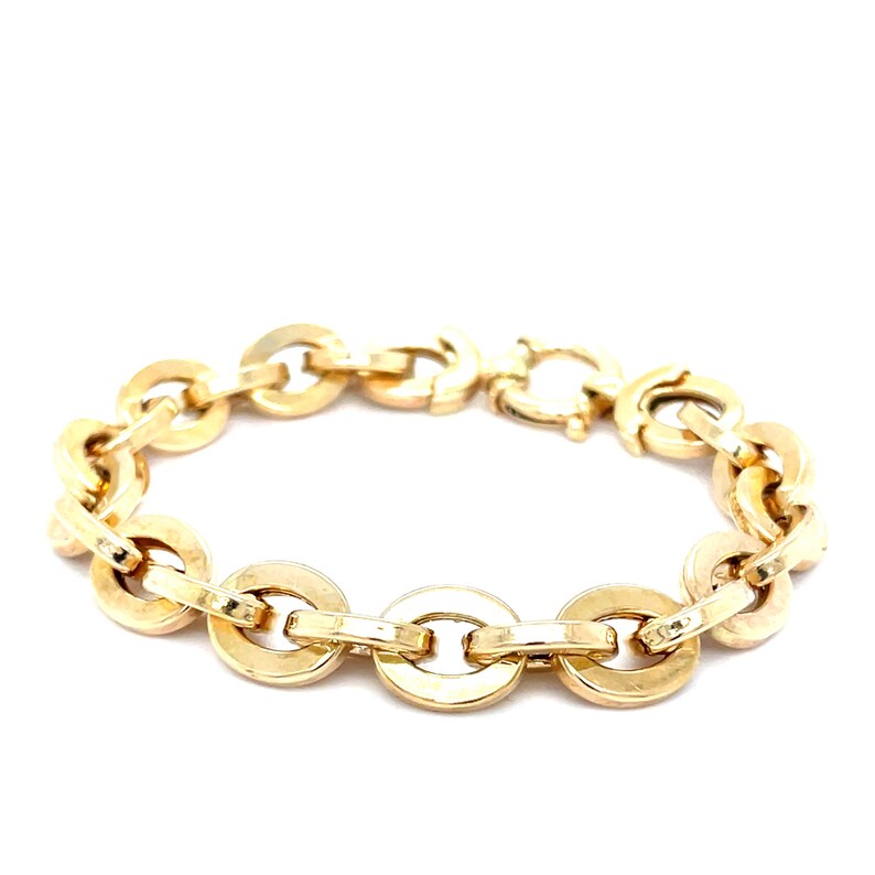 May include: A gold-colored bracelet with a chain of circular links. The bracelet has a clasp closure. The links are connected by smaller, rectangular bars. The bracelet is displayed against a white background.