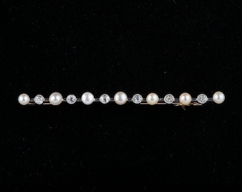 An 18k Gold Diamond And Pearl Edwardian Bar Brooch