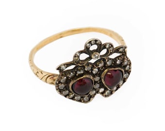 Antique 15ct Gold Double Heart Garnet and Diamond Victorian Ring