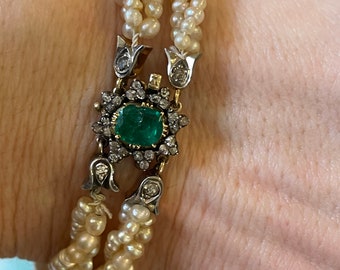 Victorian Columbian Emerald Diamond and Pearl Bracelet