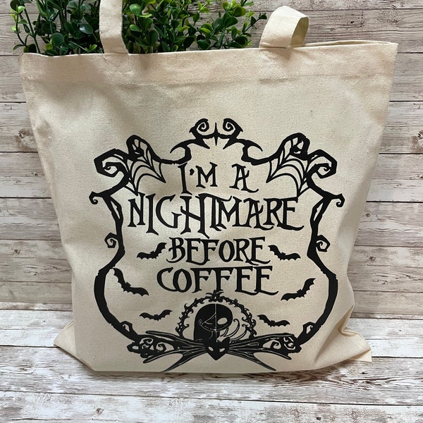 Nightmare Before Coffee Reusable Canvas Tote Bag Fall Cowboy Ghost Pumpkin