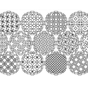 May include: A black and white geometric pattern design in the shape of a flower. The pattern is made up of circles with different designs.