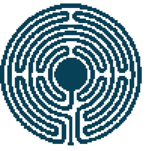 May include: A teal-colored circular labyrinth design on a white background. The maze features concentric paths leading to a central point. The design is pixelated, giving it a digital or retro aesthetic.