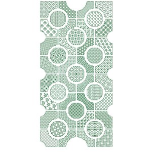 May include: A symmetrical green and white geometric pattern. The design features a series of interconnected shapes, including circles and squares, filled with various intricate patterns. The overall aesthetic is clean and modern, with a focus on detailed design.