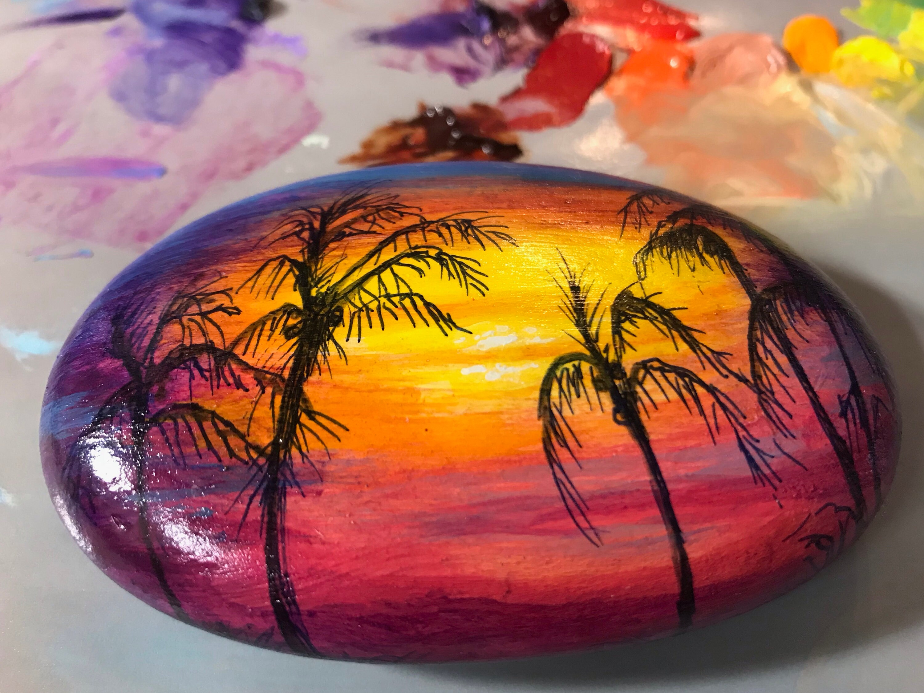 Rock Painting of Sunset with Palm Trees Etsy