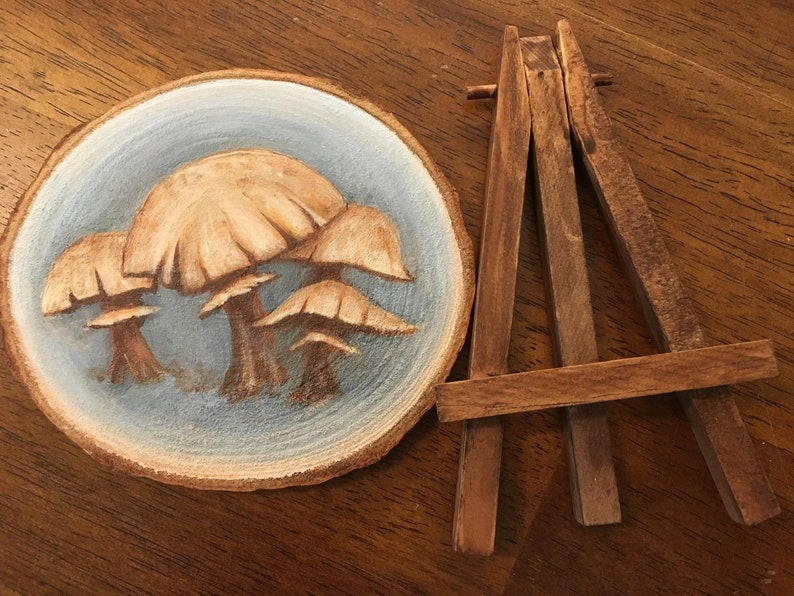 Mushroom Art on Woodslice with Easel