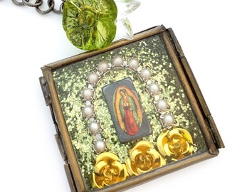 shadow box shrine necklace lourdes necklace, religious necklace, wearable art, green glitter necklace, mini shrine