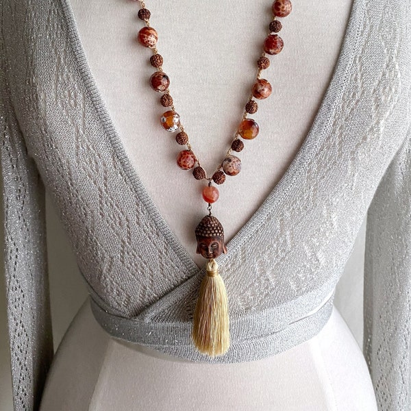 crocheted budha tassel necklace with strawberry quartz beads, natural rudraksha seed beads, and olive wood beads - rosary bead necklace
