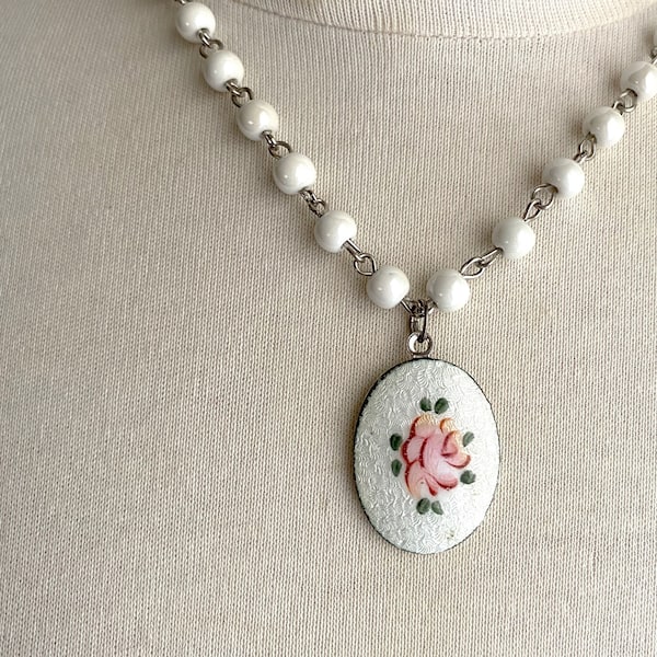 vintage guilloche rose oval pendant & rosary bead necklace, enameled rose charm necklace