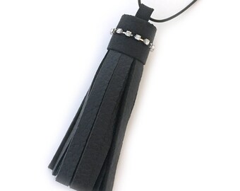 black leather tassel necklace - rodeo blink - rhinestone tassel