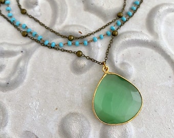 multi strand necklace with green glass teardrop pendant, blue rosary chain necklace, green pendant necklace, layered necklace, triple strand