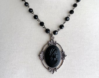 classic all black cameo pendant on black glass bead rosary chain necklace - cameo necklace - upcycled cameo - cameo pendant