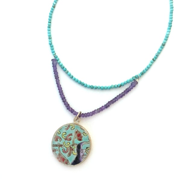 blue pottery shard necklace, turquoise necklace, potteryshard pendant, broken pottery pendant necklace, chinese pottery pendant, amethyst