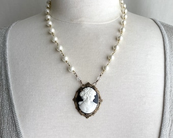 cameo pendant on pearl rosary chain necklace - shell pearl chain - upcycled cameo