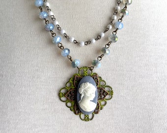 classic blue and white cameo pendant on glass bead & faux pearl rosary chain necklace - layered cameo pendant necklace - upcycled cameo