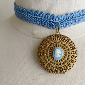 blue 90&#39;s style choker with vintage filigree cameo locket - blue ribbon choker - choker - light blue