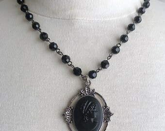 classic all black cameo pendant on black glass bead rosary chain necklace - cameo necklace - upcycled cameo - cameo pendant