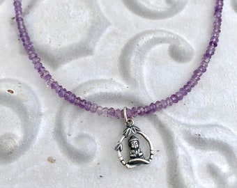 Handmade Sterling Silver Buddha Charm Necklace: Beaded Amethyst
