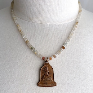 vintage thai buddha charm on gemstone chain necklace, beaded topaz & agate buddha necklace, buddha pendant necklace, buddha sitting on lotus