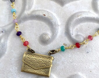 Handmade Brass Envelope Locket Necklace: Rainbow Jade Beaded Chain