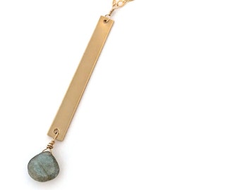 labradorite briolette necklace, vertical bar necklace, gemstone drop necklace, teardrop pendant, gold bar necklace