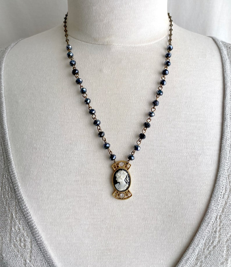 classic black and white cameo pendant on glass bead rosary chain necklace cameo necklace upcycled cameo cameo pendant image 8