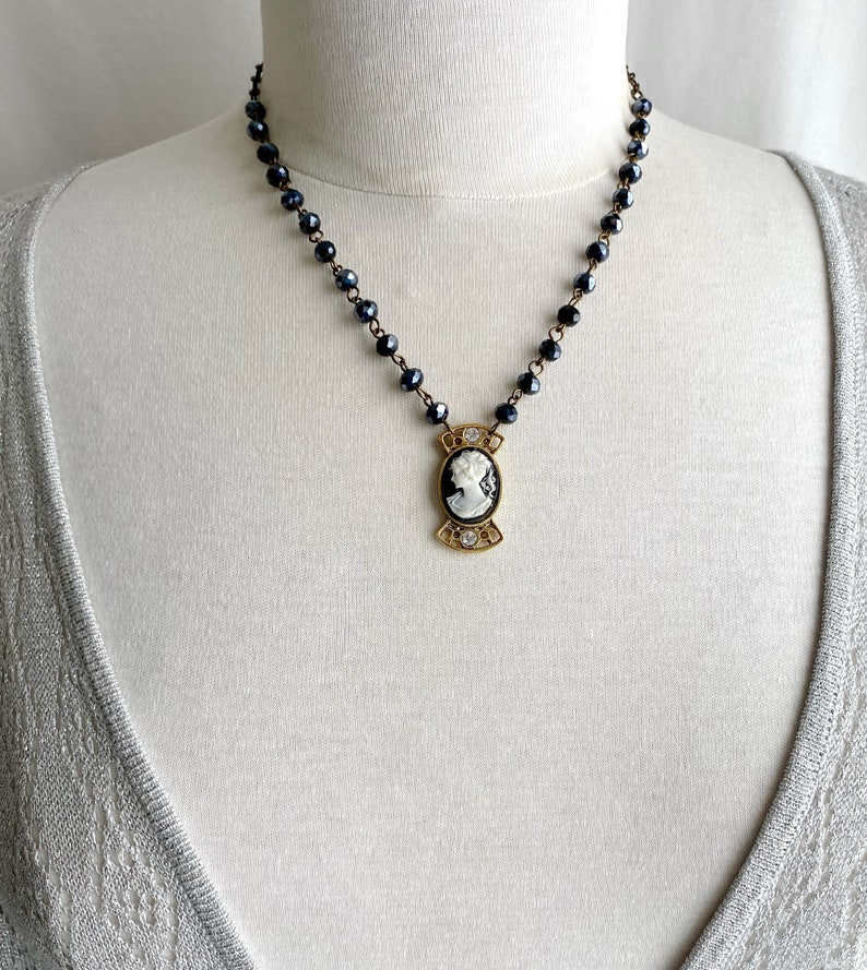 classic black and white cameo pendant on glass bead rosary chain necklace cameo necklace upcycled cameo cameo pendant image 2