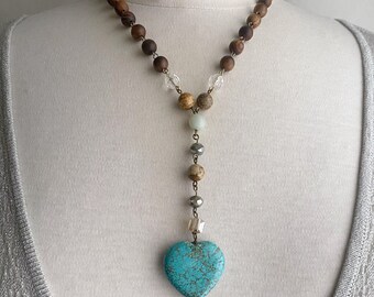 magnesite heart drop on wood bead rosary chain - heart y necklace - looks like turquoise