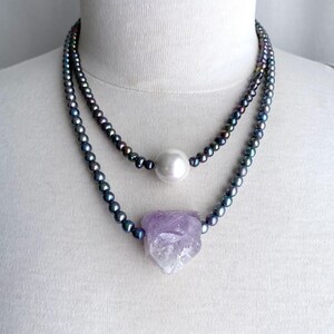 beaded peacock pearl necklace, amethyst nugget and pearls, white shell pearl and pearls, beaded gemstone necklace, peacock pearl necklace