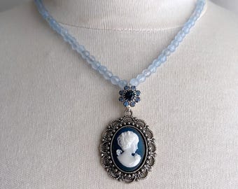 Sterling Silver Blue Agate Cameo Pendant Necklace | Vintage Style