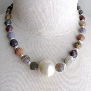 beaded pearl necklace with faceted indian agate coins, large shell pearl focal necklace, agate necklace, beaded gemstone necklace,adjustable
