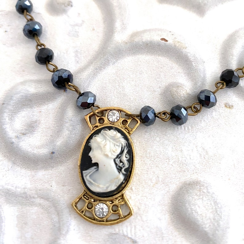 classic black and white cameo pendant on glass bead rosary chain necklace cameo necklace upcycled cameo cameo pendant image 5