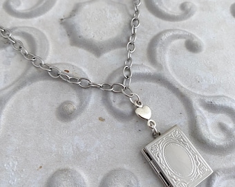 Embossed Book Locket Necklace: Hypoallergenic Stainless Steel Photo Keepsake