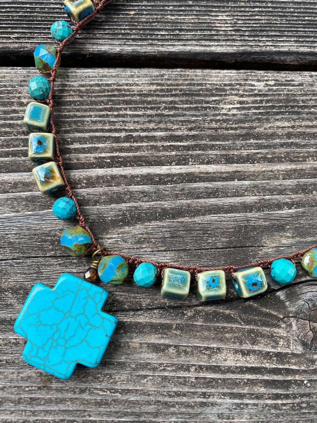 Handmade Turquoise Howlite Cross Necklace: Boho Ceramic Bead Jewelry - Etsy