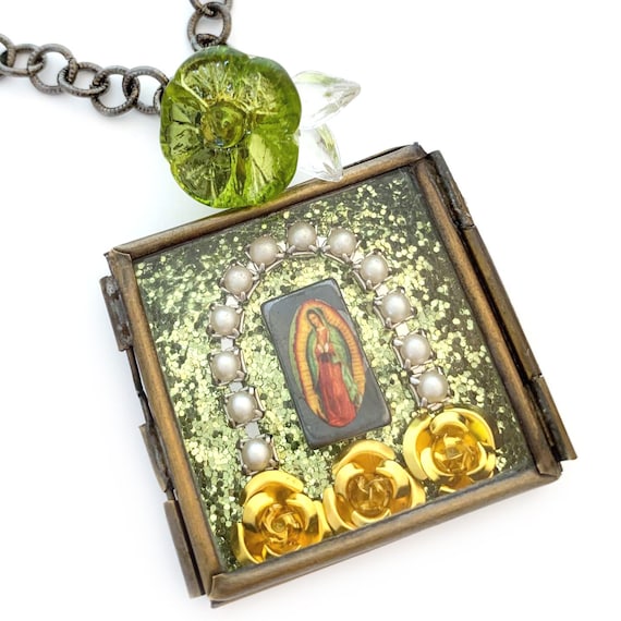 Mary Shrine Necklace: Green Glitter Shadow Box, Religious Wearable 
