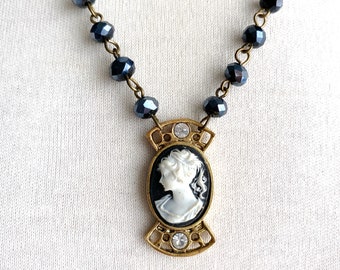 classic black and white cameo pendant on glass bead rosary chain necklace - cameo necklace - upcycled cameo - cameo pendant
