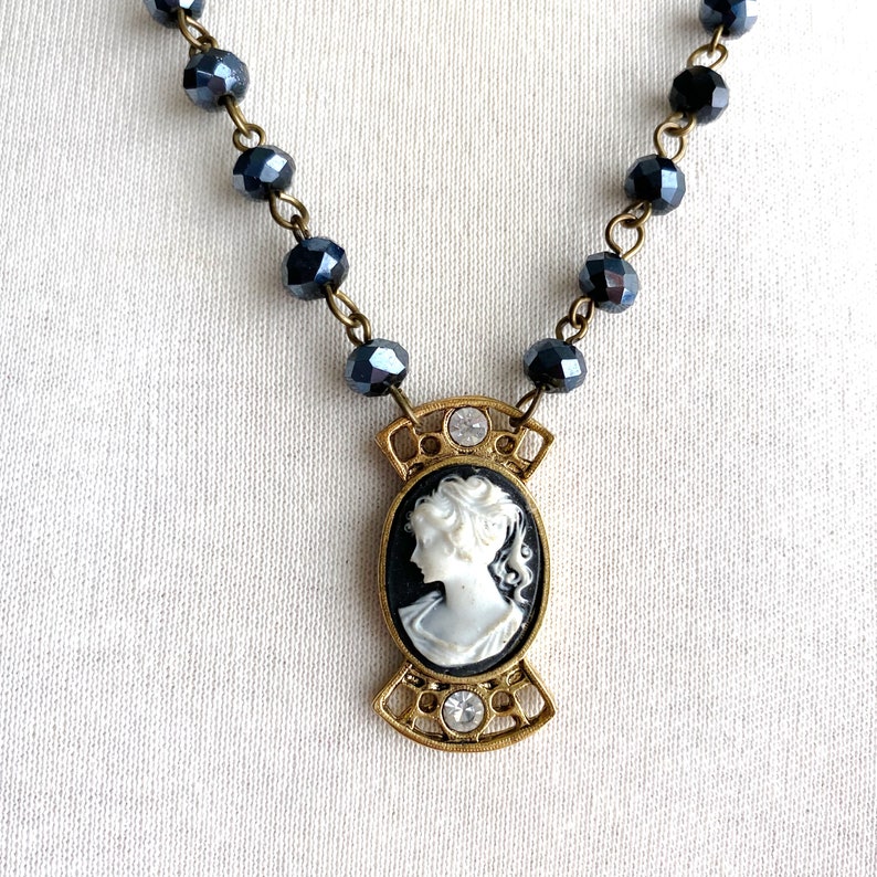 classic black and white cameo pendant on glass bead rosary chain necklace cameo necklace upcycled cameo cameo pendant image 1