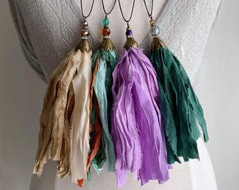 boho sari silk tassel necklace - ready to layer - handmade