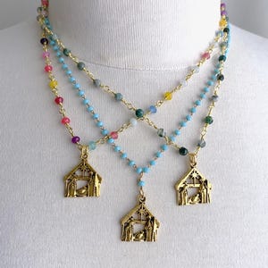 Handmade Nativity Charm Necklace: Gold Tone Manger Scene, Jade, Crystal, or Agate