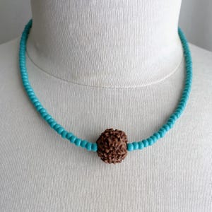 large rudraksha bead with turquoise glass seed bead necklace, beaded rudraksha necklace, meditation necklace, 5 mukhi rudraksha bead