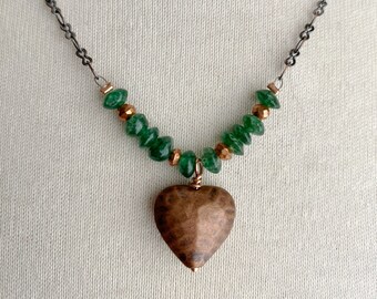 hammered copper heart charm necklace, aventurine bead & copper heart necklace, heart charm necklace, heart necklace, heart jewelry