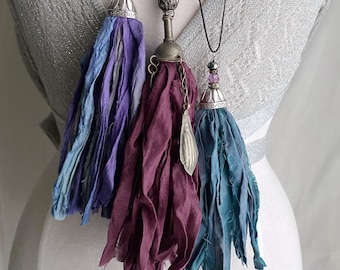 long silk sari ribbon tassel necklace - handmade - choose color