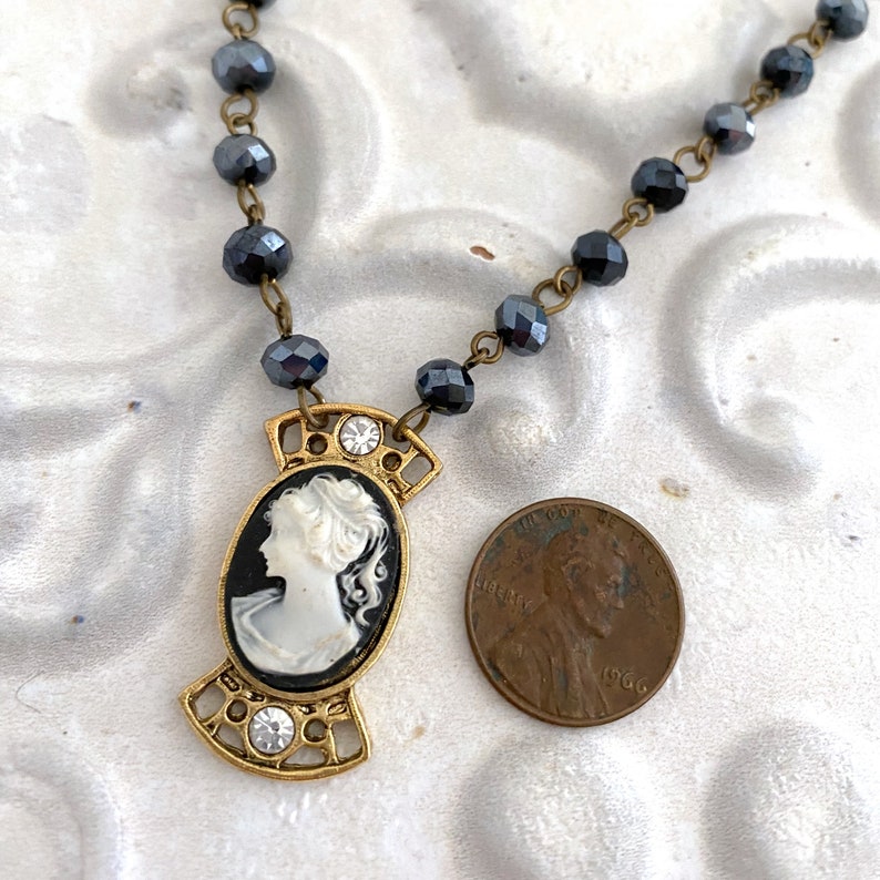 classic black and white cameo pendant on glass bead rosary chain necklace cameo necklace upcycled cameo cameo pendant image 7