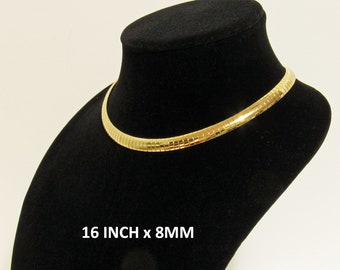 16 inch Gold Omega Necklace Chain,  16 inch x 8 mm Domed 14 KT Gold Electroplate Omega Chain with Fold Over Snap Clasp, Choker Omega Chain