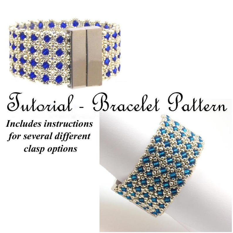 May include: A tutorial for a beaded bracelet pattern. The image shows two bracelets, one with a silver clasp and the other with a blue and silver design. The text "Tutorial - Bracelet Pattern" is included in the image.
