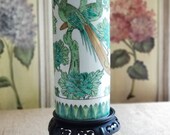 Vintage Gold Imari Blue Green and Gold Peacock Vase on Wood Stand - Handpainted Japan - 11 3 4 tall